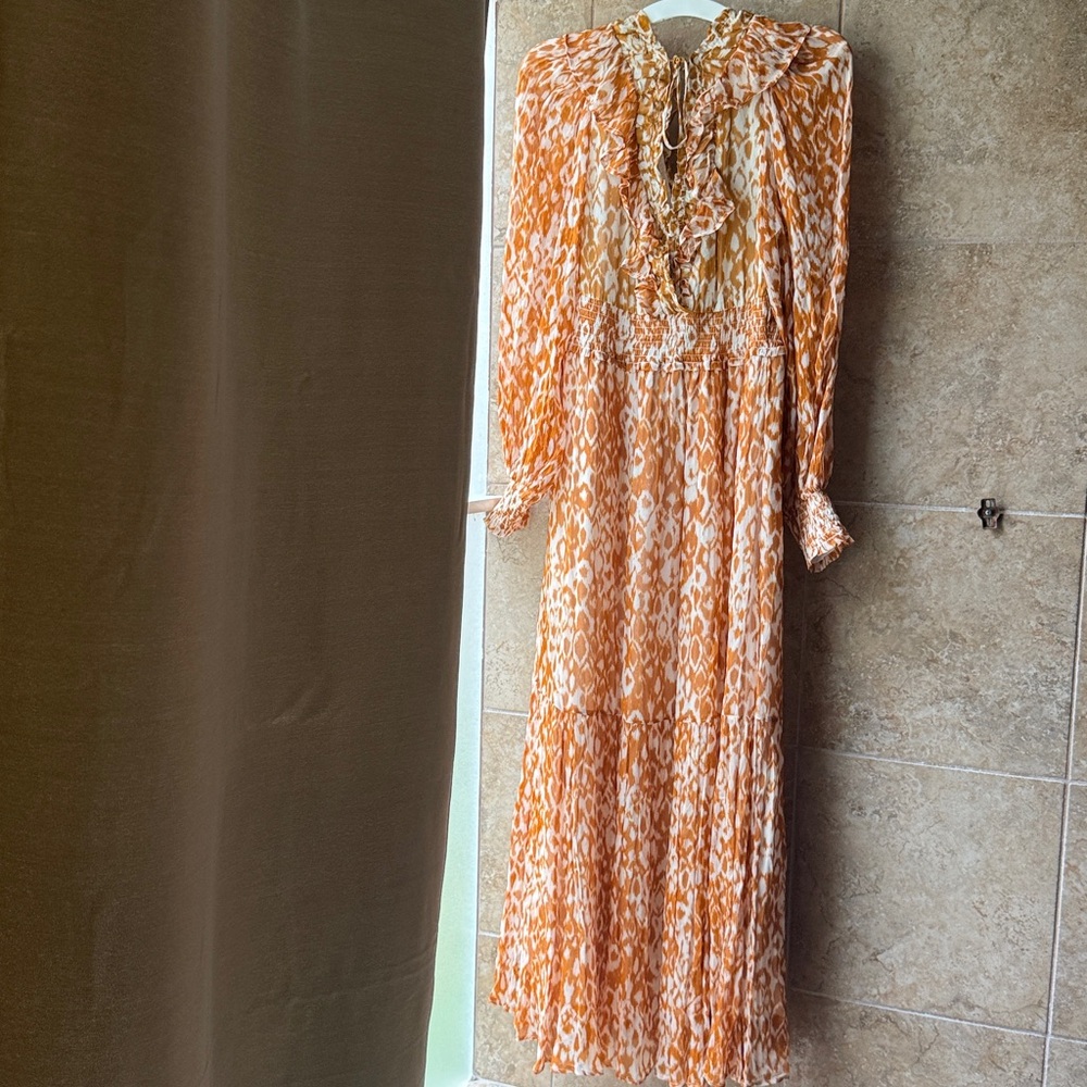 Anthropologie Odetta Maxi Dress Pockets Elastic Waist Ruffles Tiered Skirt Gold - Picture 5 of 16